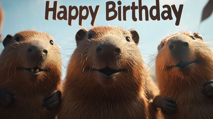 Happy Birthday Greeting with Cheerful Capybaras in a Playful and Fun Celebration Scene Under a Bright Blue Sky