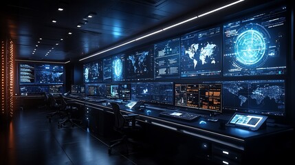 Fototapeta premium Futuristic control room with multiple screens displaying global data and network visualizations.