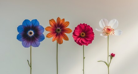 Obraz premium four different colored flowers are arranged in a row.