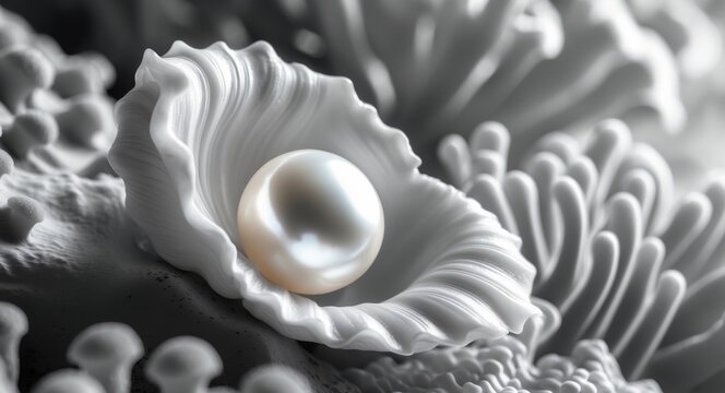 A pearl is sitting in a shell on a coral reef.