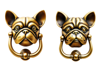 Two French Bulldog door knockers in black and gold colour on transparent background, PNG