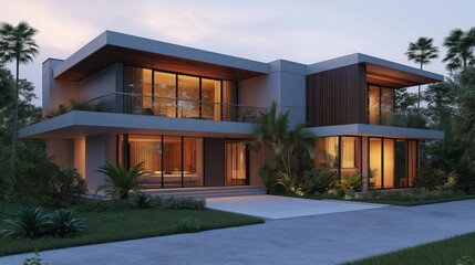 Modern luxury villa exterior at twilight. Large house with tropical plants, landscaping. Stylish design features concrete, wood. Evening light illuminates property. Elegant entrance with paved