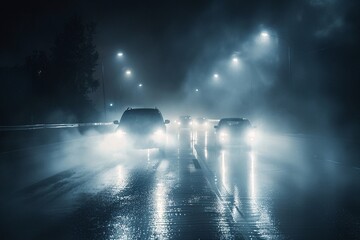 Obraz premium Cars driving on a foggy night road. The headlights cut through the mist, creating a moody atmosphere.