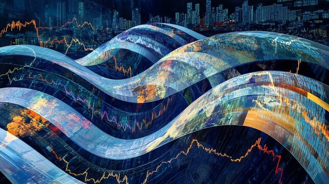 Artistic representation of trade cycles featuring interwoven patterns symbolizing phases of economic expansion contraction including boom recession and recovery