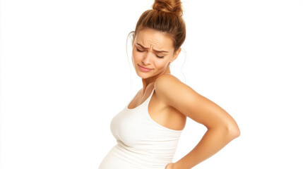 pregnant woman in her second trimester stands sideways, showing discomfort while holding her back. image captures emotional expression of pregnancy challenges