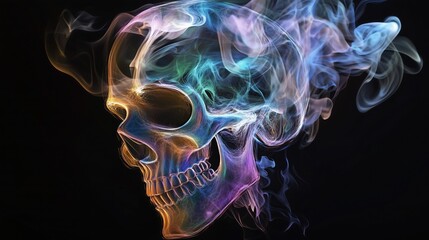 Fototapeta premium A colorful, ethereal skull composed of swirling smoke in shades of blue, purple, orange, and green, set against a stark black background, creating a visually - striking and somewhat mysterious image.
