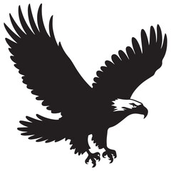 Fototapeta premium Flying Bald Eagle black and white Silhouette vector, A Bald Eagle black Silhouette Vector isolated on a white background