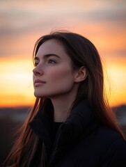 Fototapeta premium Young woman observing inspiring sunset sky with hope and faith