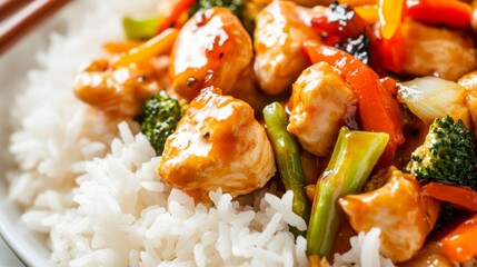 Close-up of rice with sweet orange chicken stir-fry. Featuring chicken in a tangy orange sauce with vegetables, served over rice. Emphasizing a flavorful, sweet dish. Ideal for stir-fry recipes.