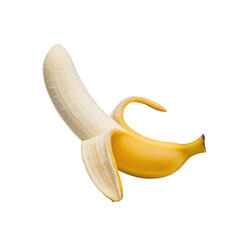 A ripe yellow banana with a partially peeled skin, showcasing its smooth texture and curved shape.