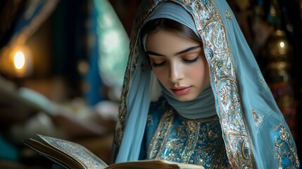 Young Muslim woman in hijab reading holy book.