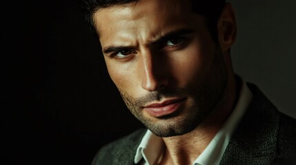 Obraz premium Portrait of serious businessman staring with intense gaze on dark background