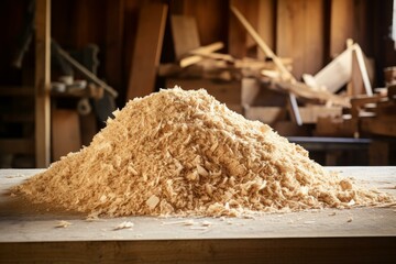 Sawdust is piled high on workbench in carpentry workshop, indicating recent woodworking activity