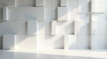 Obraz premium A Modern Minimalist Interior Design Featuring a Textured White Wall with Geometric Cubical Panels and Sunlit Floor