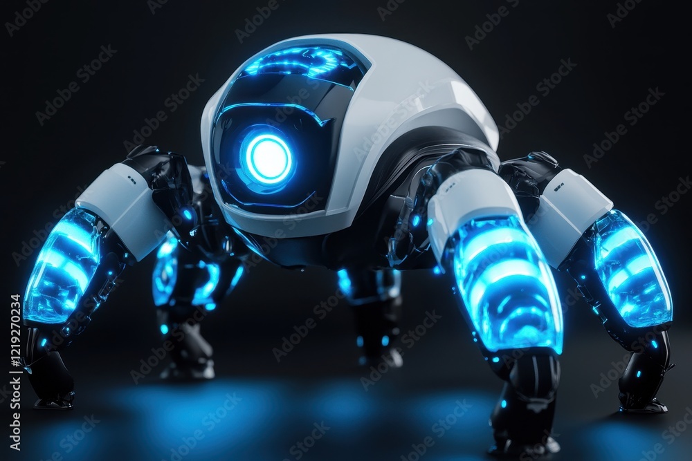 Poster futuristic ai robot with illuminated blue lights . a robot with glowing eyes stands out against a da