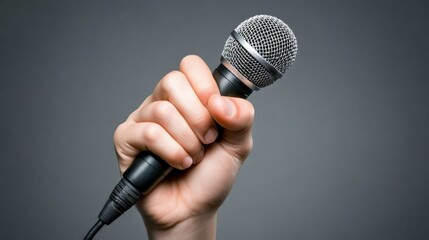 Hand firmly holding a microphone, potentially during a musical performance, public speaking engagement, or any other activity requiring voice amplification, against a neutral gray backdrop