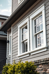 Elegant Home Exterior: Gray Siding, White Windows, and Stone Accents