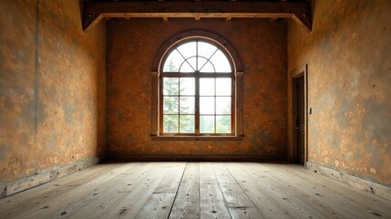 Fototapeta premium Serene Empty Room with Aged Walls, Wooden Floor, and Arched Window Offering Tranquil View