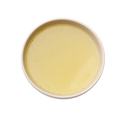 Tasty chicken bouillon in bowl isolated on white, top view