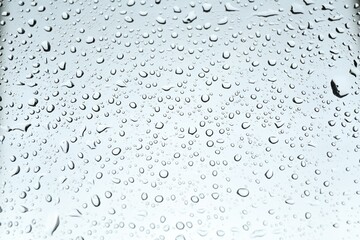 Many water drops on light glass surface, closeup