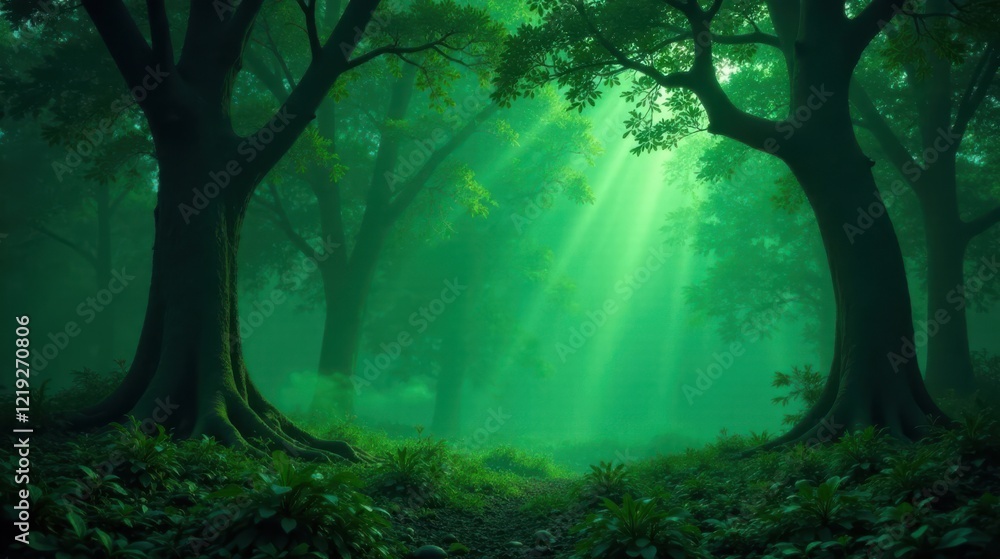 Poster enchanted forest path sunbeams illuminate a mystical green grove with ancient trees and lush undergr
