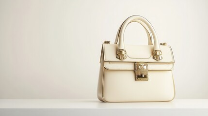 A stylish designer handbag with gold accents, placed on a white table, on a white  background