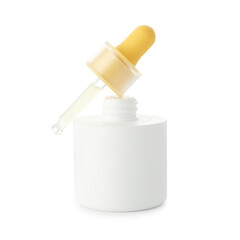 Bottle of cosmetic product with dropper isolated on white