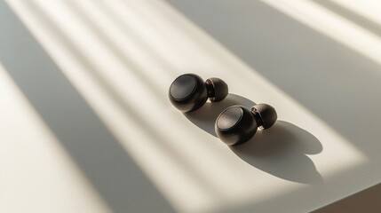 A set of premium earphones, displayed on a white surface with a soft shadow, on a white  background