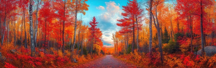 Fototapeta premium Autumnal Pathway Through Vibrant Red And Gold Forest