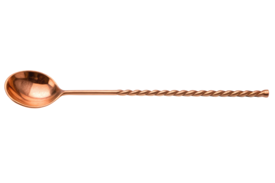 Copper bar spoon with twisted handle isolated with transparent background