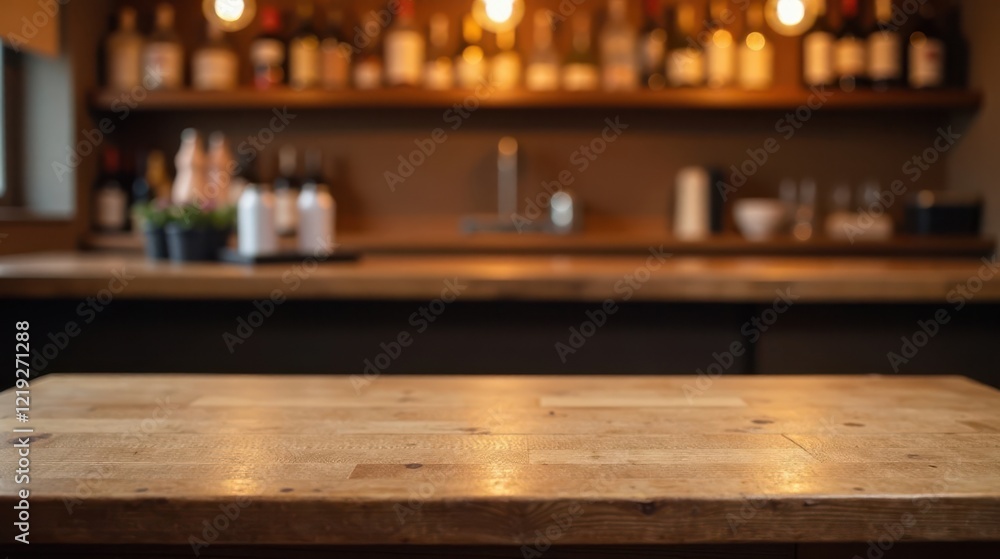 Poster empty wooden table in front of a blurred bar background, perfect for showcasing products or drinks.