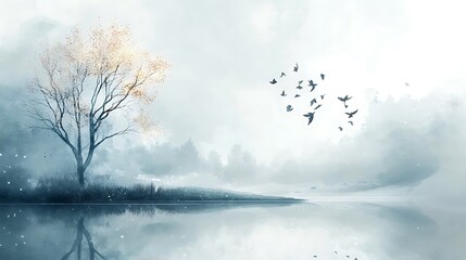 Serene Autumn Landscape with Birds in Flight