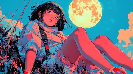 City Pop Dreamscape, a vibrant illustration of a young woman resting on a grassy hill, bathed in moonlight, featuring bold outlines, simple colors, and a cool, geometric style.