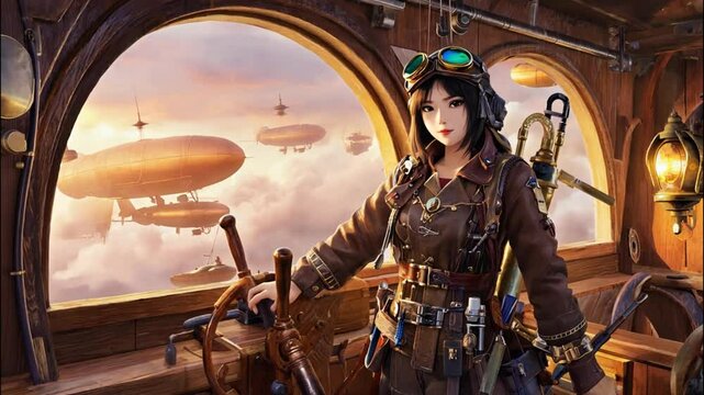 The women wearing a mix of pilot inventor attire, stands helm of a steampunk airship. detailed machinery massive viewport showing a sky filled with airships and clouds, anime-style
