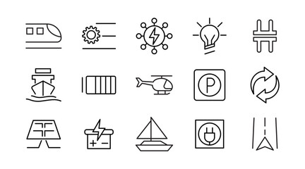 Fototapeta premium Electric Vehicle line icon set. EV, electric socket station, car plugged, battery, technology, home car charging, power station, taxi, road, race, automobile line icon set. Ui thin line icon pack.