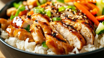 Close-up of rice with sweet teriyaki chicken. Featuring grilled chicken in teriyaki sauce, served over rice with vegetables. Emphasizing a tangy, sweet dish. Ideal for teriyaki recipes.