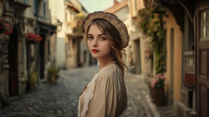 Elegant woman wearing a vintage hat strolling through cobblestone european street