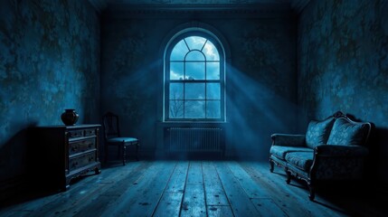 Mysterious, dimly lit room with antique furniture and an arched window, bathed in ethereal moonlight.