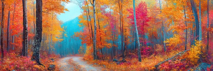 Autumnal Forest Path Vivid Colors Trees Landscape