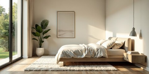 Serene Bedroom Interior Design Featuring a Minimalist Light Wood Platform Bed, Fluffy Rug, and a Potted Plant