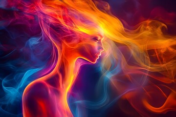 Transparent woman formed entirely from colorful smoke and fire