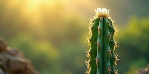 Obraz premium A sunlit cactus blossom, a vibrant green succulent with delicate spines and a pristine white flower, basking in the warm golden light of dawn or dusk.