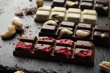 Different tasty chocolate bars with nuts and freeze dried raspberry on black table, closeup