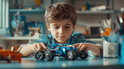 Happy school boy student making robotic car sitting at table at STEM class. Diverse children learning programming using computers and constructing robots at science and coding education tech lesson.