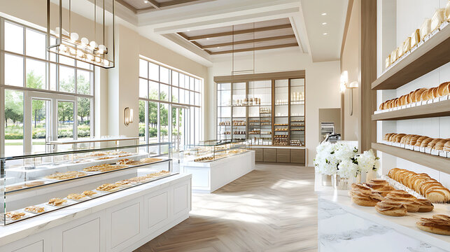 bright bakery interior featuring display counter filled with pastries, showcasing modern design and elegant decor