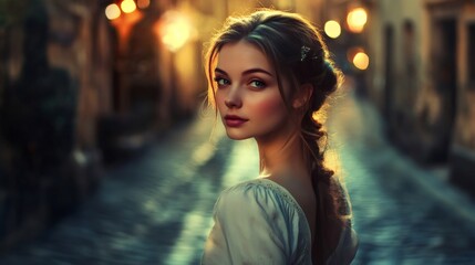 Fototapeta premium Young blonde woman turning around in a european city at sunset
