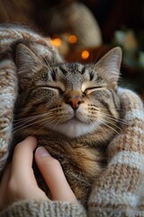 Cute tabby cat enjoying cozy comfort in a snug warm blanket