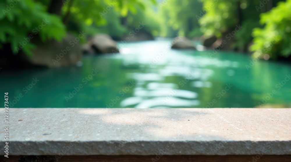 Poster Serene River View with Empty Stone Surface Perfect for Product Display or Text Overlay