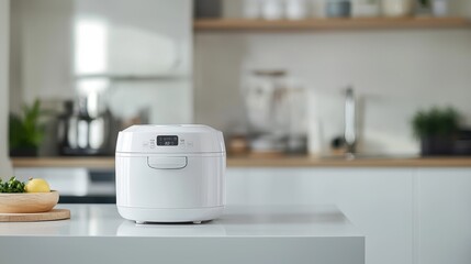 A modern electric rice cooker, placed on a white countertop