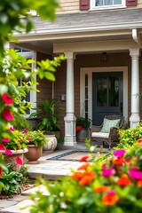 Fototapeta premium Charming Home Exterior with a Welcoming Porch and Lush Landscaping. The perfect blend of architectural design and natural beauty creates a serene and inviting atmosphere.